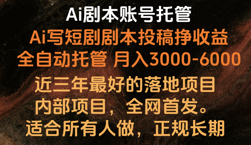 内部落地项目，全网首发，Ai剧本账号全托管，月入躺赚3000-6000，长期稳定好项目。-休闲网赚three