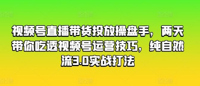 视频号直播带货投放操盘手，两天带你吃透视频号运营技巧，纯自然流3.0实战打法-休闲网赚three