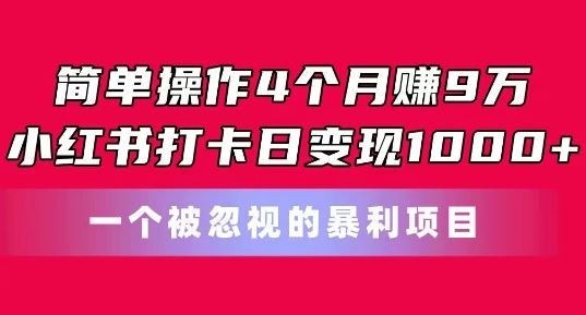 简单操作4个月赚9w，小红书打卡日变现1k，一个被忽视的暴力项目【揭秘】-休闲网赚three