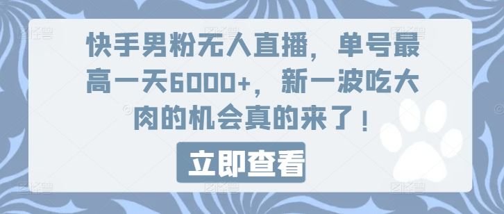 快手男粉无人直播，单号最高一天6000+，新一波吃大肉的机会真的来了-休闲网赚three