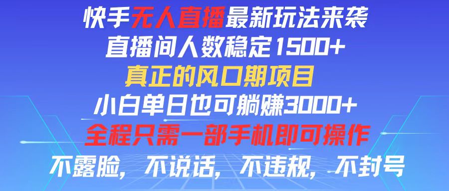 （11792期）快手无人直播全新玩法，直播间人数稳定1500+，小白单日也可躺赚3000+，…-休闲网赚three