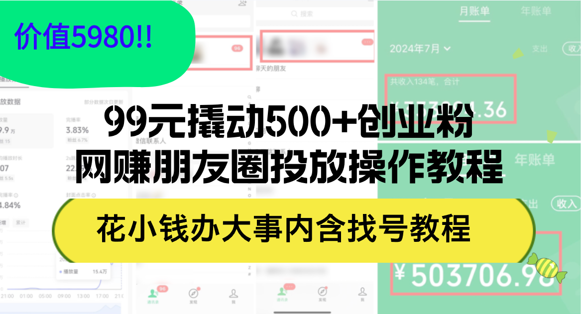 （12431期）99元撬动500+创业粉，网赚朋友圈投放操作教程价值5980！花小钱办大事内…-休闲网赚three