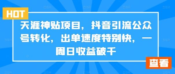 天涯神贴项目，抖音引流公众号转化，出单速度特别快，一周日收益破千-休闲网赚three